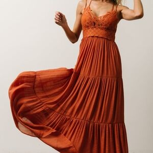 Lace Overlay Orange Dress with Tiered Skirt